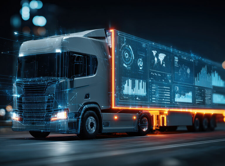 A futuristic semi-truck drives at night, displaying data visuali