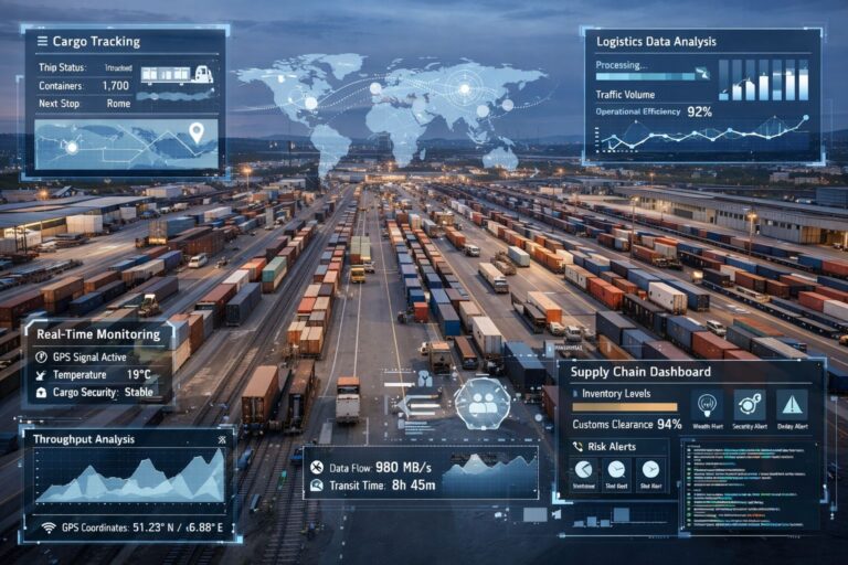 Terminal intermodale al tramonto con dati